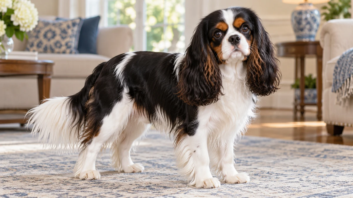 Cavalier King Charles köpek — tricolor (siyah-tan-beyaz) renk