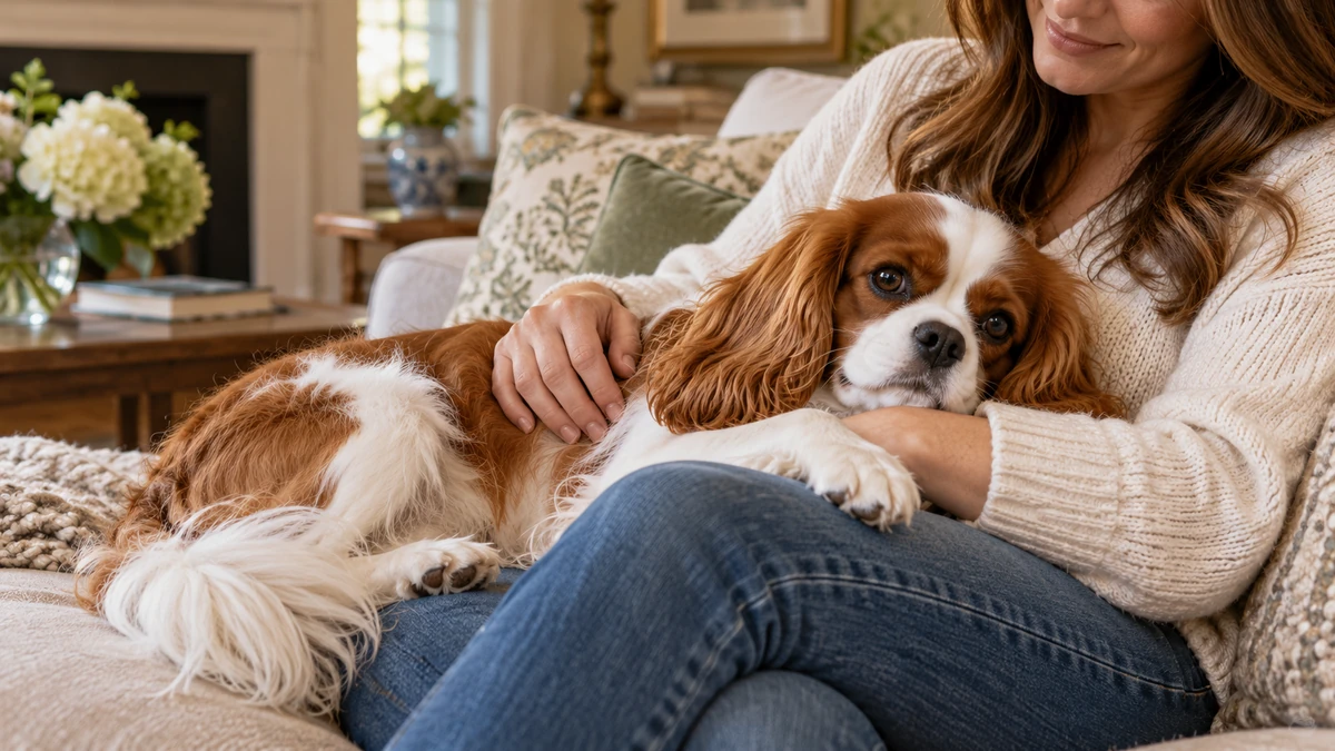 Cavalier King Charles köpek — sahibinin kucağında