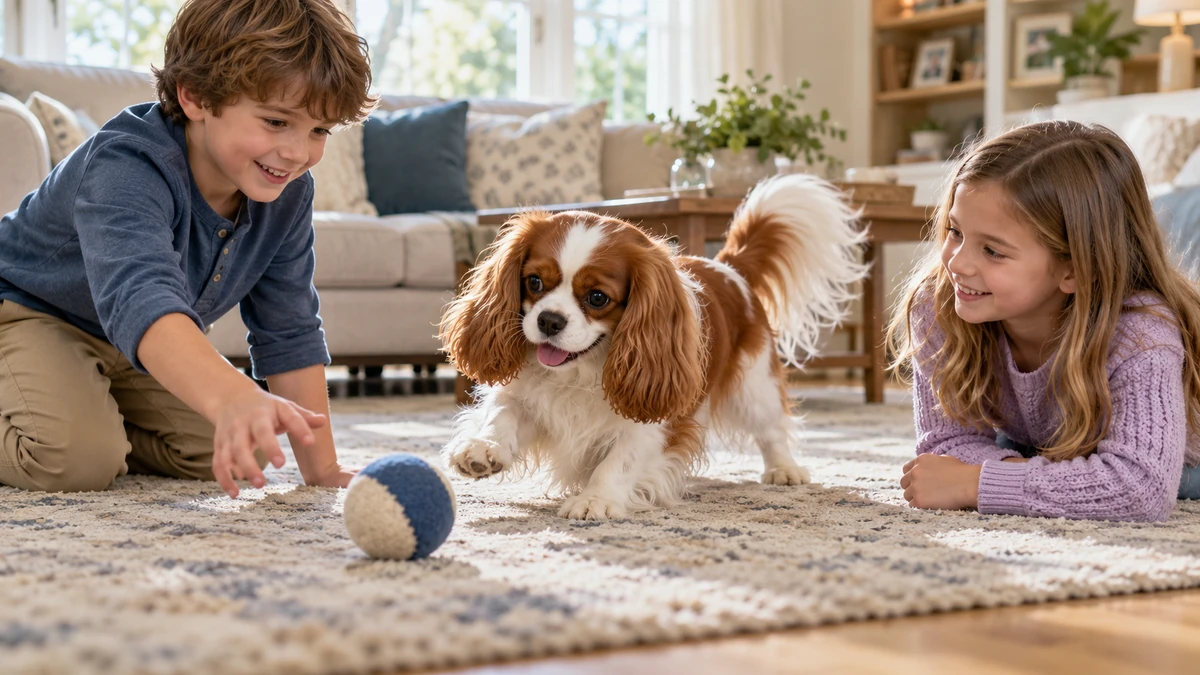 Cavalier King Charles köpek — çocuklarla oyun