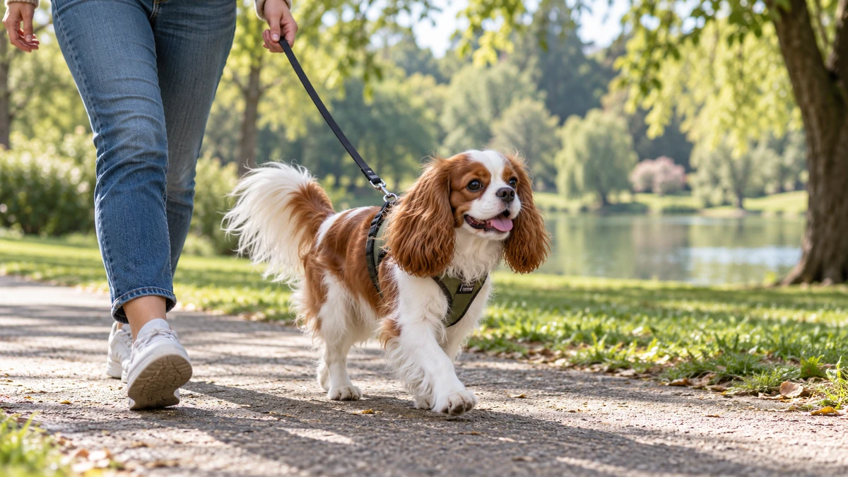 Cavalier King Charles köpek — parkta yürüyüş ve egzersiz
